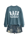 Detail of blue Race Day sweatshirt featuring letter print and checkered flag design - Blue (White Font)