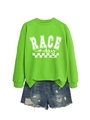 Detail of ribbed cuffs and Race Day graphic on neon green crewneck sweatshirt - Fluorescent Green (White Font)