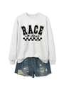 Detail of grey crewneck sweatshirt with RACE DAY print and distressed denim shorts - Off-White (Black Font)