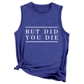 Détail du débardeur bleu roi avec imprimé 'BUT DID YOU DIE' et nœud latéral au bas - S / Bleu Rétro