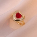 Adjustable gold ring with large red heart zircon and sparkling crystal halo on silk - J0195 Red Zirconia Rings