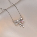 Elegant silver bow necklace featuring a pink teardrop stone and zircon on silk fabric - Steel Bowknot Pink Gem Style / Steel