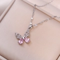 Elegant butterfly pendant necklace with pink stones and sparkling crystals in a gift box - Pink Butterfly Necklace / Steel