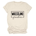 Detailed view of beige cotton T-shirt featuring black Wrestling Grandma graphic print - S / Sand (Black Font)