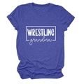 Détail de l'imprimé Wrestling Grandma sur un t-shirt violet chiné à col rond et manches - S / Bleu Rétro (Police Blanche)