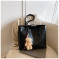 Black large capacity tote bag with litchi texture and cute plush bear pendant - Black with Pendant