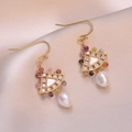 Bohemian gold triangle earrings with baroque pearl drops and colorful natural stone beads - Colorful Skirt Style (E0719)