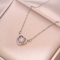 Elegant silver heart necklace with pink zircon pendant on champagne satin jewelry box - Pink Heart Pendant Necklace