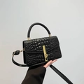 Elegant black crocodile embossed square handbag with minimalist gold metal clasp - Black