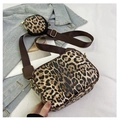 Leopard print crossbody bag set with wide shoulder strap and round coin pouch detail - Khaki
