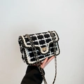 Classic black and white tweed crossbody bag with golden clasp and chain strap - White