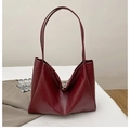 Deep red vintage leather tote bag with long straps for women, minimalist aesthetic style - Burgundy