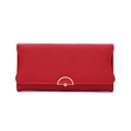 Detail of red leather wallet featuring leaf stitching and gold flower snap closure - Red
