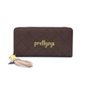 Detail of dark brown quilted wallet with embroidered logo and wristlet strap detail - Coffee
