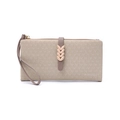 Detail of light khaki leather wallet featuring leaf ornament and gold zipper closure - Apricot