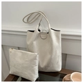 Detail eines cremefarbenen Shopper-Sets mit passender Reißverschlusstasche auf einem Glastisch - Weiß