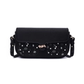 Detail of black crossbody bag featuring floral print pockets and golden leaf buckle - Black