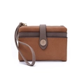 Detail of bifold brown PU leather wallet with gray wristlet and metal magnetic closure - Orange Brown