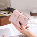 Pink PU leather short wallet with leaf embroidery and metal buckle for women - Pink
