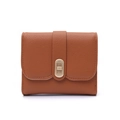 Brown litchi grain leather short wallet featuring a gold metal twist lock closure - Orange