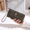 Olive green long striped wallet for women with metal horseshoe buckle and hand strap - Dark Green