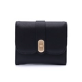 Women's short bifold wallet in black litchi leather with gold metal twist lock - Black