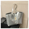 Silver metallic quilted tote bag with golden lock and chain straps for daily commute - Silver (With Pendant)