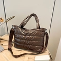 Metallic bronze quilted puffer shoulder bag with adjustable strap and padded handles - Brown