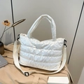 White puffer tote bag with quilted nylon finish and adjustable shoulder strap - White