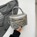 Chic silver quilted leather handbag with gold floral accent and chain strap - Silver