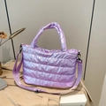 Quilted space cotton tote bag in metallic light purple with wide shoulder strap - Purple