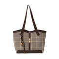 Retro contrast leather and plaid tote bag with gold metal lock and bell charm detail - Single Bag / Khaki