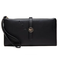 Détail du long portefeuille en cuir noir avec fermoir rose doré et dragonne - Noir