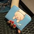 Kurze hellblaue PU-Leder-Geldbörse für Damen mit süßer rosa Katzen-Applikation und Fisch-Print - Blau