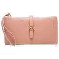 Portefeuille long rose en cuir PU pour femme avec dragonne et boucle florale décorative - Rose