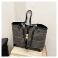 Fashionable houndstooth tote bag with black leather straps and gold metal buckle - No Pendant / Black
