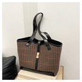 Brown houndstooth tote bag with black leather straps and golden twist lock detail - No Pendant / Brown