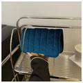 Detail of navy velvet square bag with vertical quilting and gold chain strap - Blue