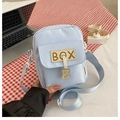 Light blue canvas crossbody bag with cute bear charm and BOX letter patch detail - With Bear Pendant Style (BX Blue)