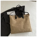 Brown suede tote bag with black leather handles and adjustable shoulder strap - Khaki