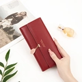 Long wine red PU leather trifold wallet for women with golden leaf pendant detail - Burgundy