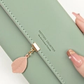 Light green PU leather short wallet featuring a delicate pink leaf charm and gold hook - Matcha Green