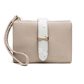 Short beige wallet with light blue floral strap and gold bow clasp for women - Apricot