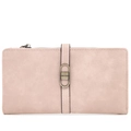 Close-up of matte dusty pink long wallet with metal buckle and logo engraving detail - Pink