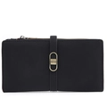 Detail of vintage gold buckle on a black long leather wallet for women with matte finish - Black
