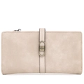 Detail view of beige long wallet with bronze vintage buckle and soft frosted texture - Apricot