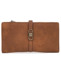 Detail of dark brown matte synthetic leather long wallet with zipper and buckle strap - Brown