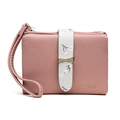 Pink minimalist short wallet with floral strap and gold bow knot zipper closure - Nude Pink