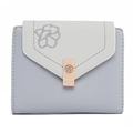 Portafoglio corto in pelle PU blu chiaro e grigio con ricamo floreale raffinato - Celeste