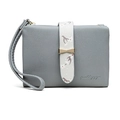 Portafoglio grigio corto da donna in pelle PU con cinturino floreale e fiocco d'oro - Blu Grigio